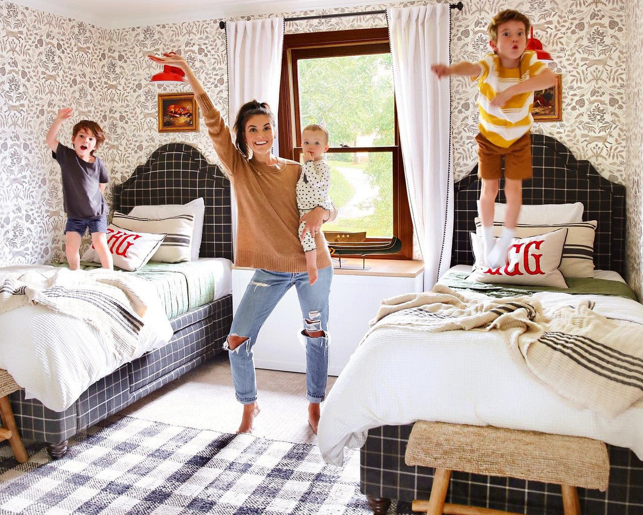 Mary Lauren Gunn in her boys' shared bedroom featuring Piedmont (Taupe) Wallpaper