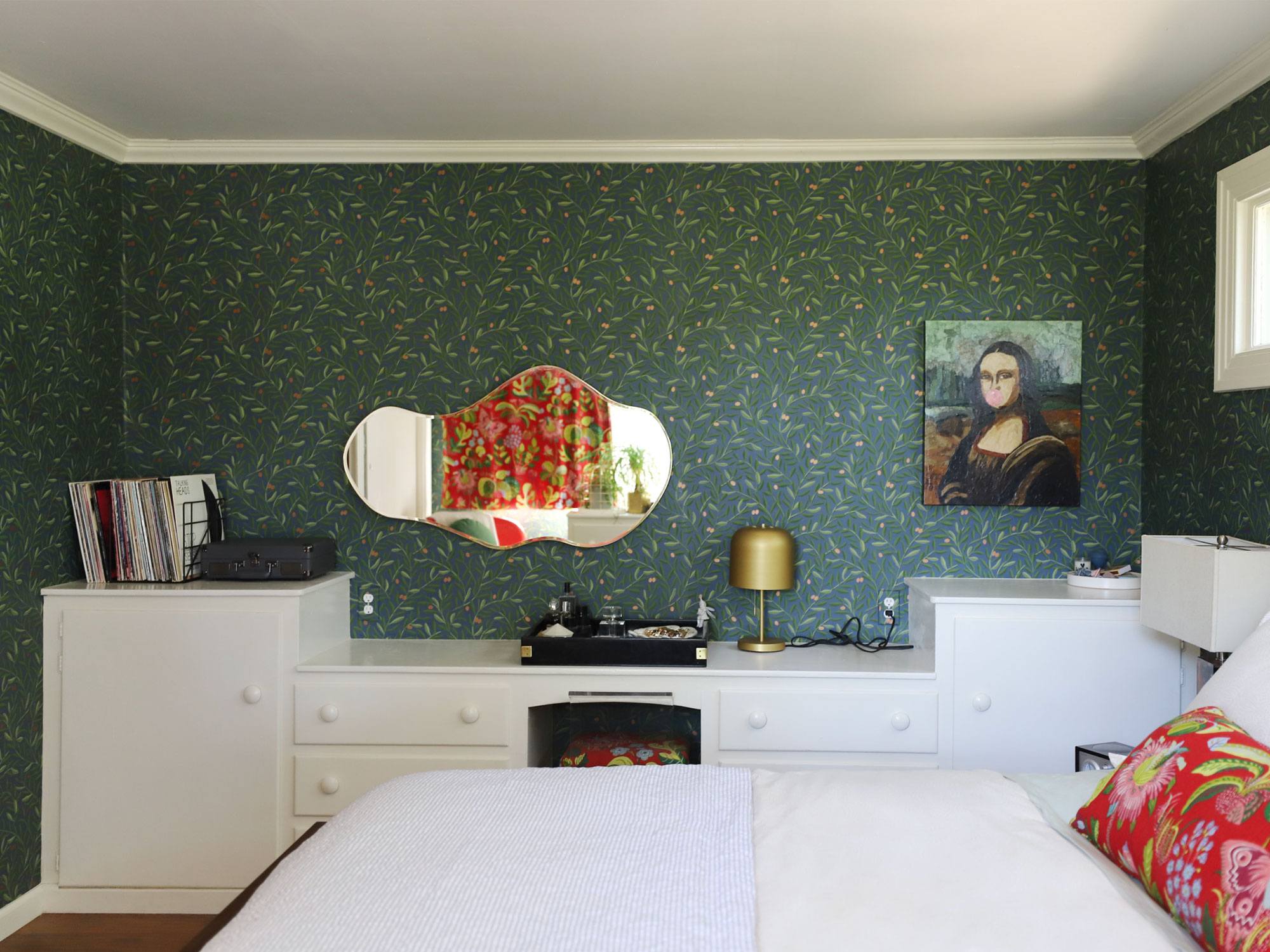 Olive Grove (Midnight) wallpaper from Schoolhouse + Hygge & West collection in H&W co-founder Christiana Coop's California farmhouse bedroom