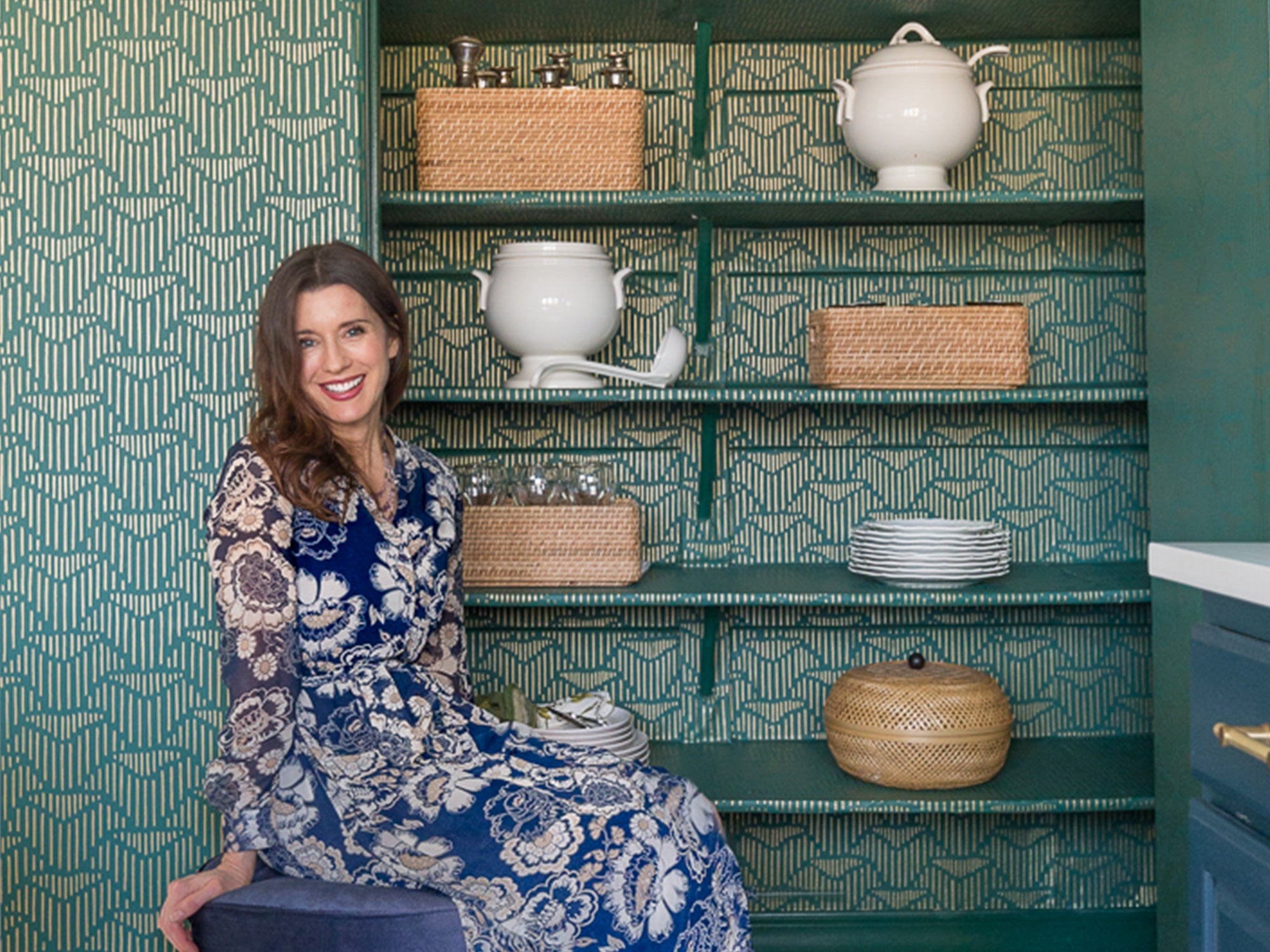 Before & after: a pattern-filled kitchen pantry by Jewel Marlowe featuring Palma wallpaper in Deep Green by Lawson-Fenning for Hygge & West