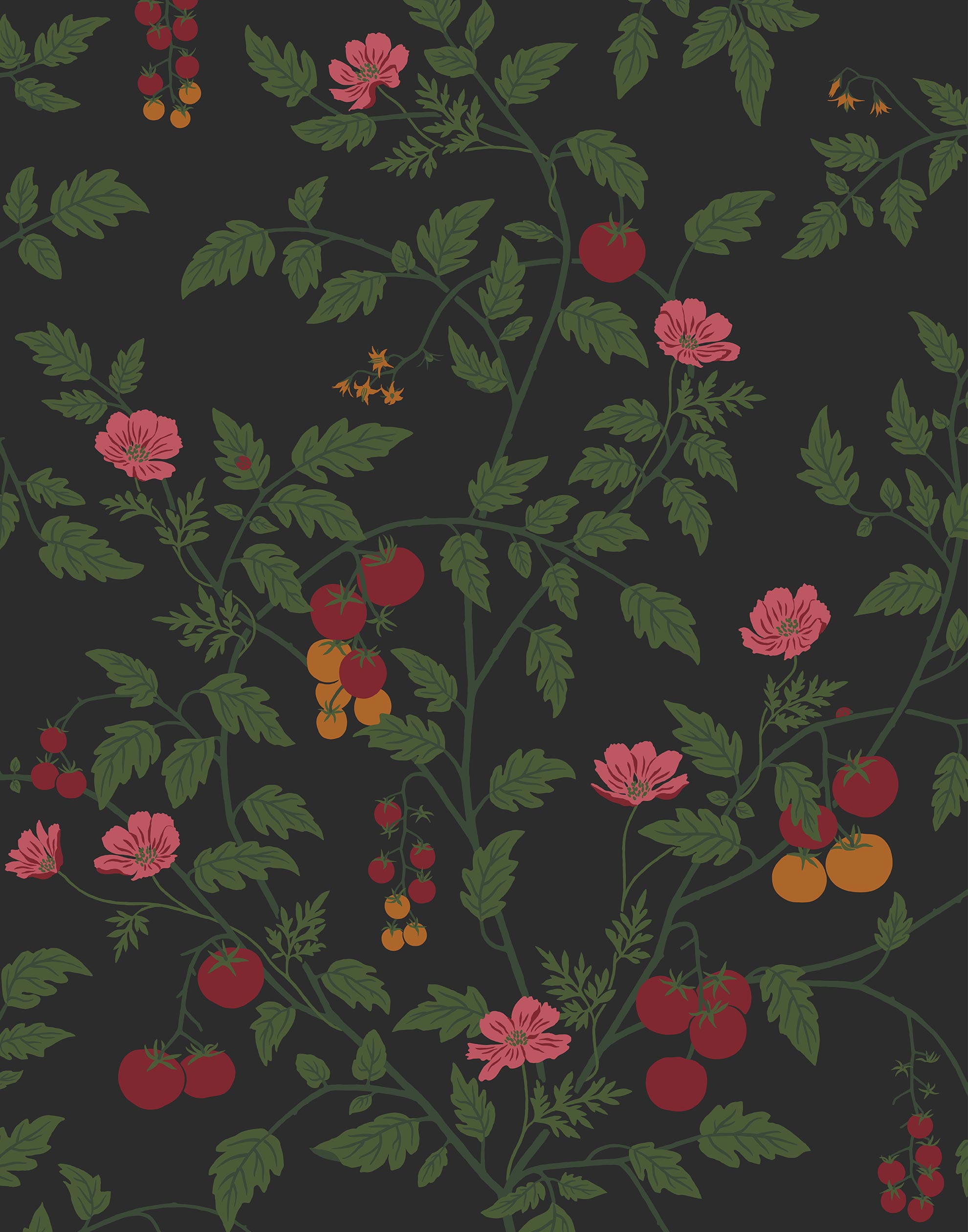 Our Heirloom wallpaper celebrates the annual arrival of tomato season. Highly durable, fade resistant, and made in the USA. This wallpaper features red and orange tomatoes, pink flowers and green vines on a black background and was created in collaboration with The Aesthetics of Joy.