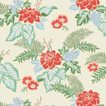 Our Lanai wallpaper is inspired by the rich tradition and exuberant patterns of Hawaiian shirts, with a twist. Highly durable, fade resistant, and made in the USA. This wallpaper features red flowers with green and blue leaves on a cream background and was created in collaboration with The Aesthetics of Joy.