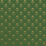 Zinnia (Juniper) Wallpaper mixes a geometric layout with the soft details of the zinnia flower. Yellow, gold, and red illustration on a green ground.