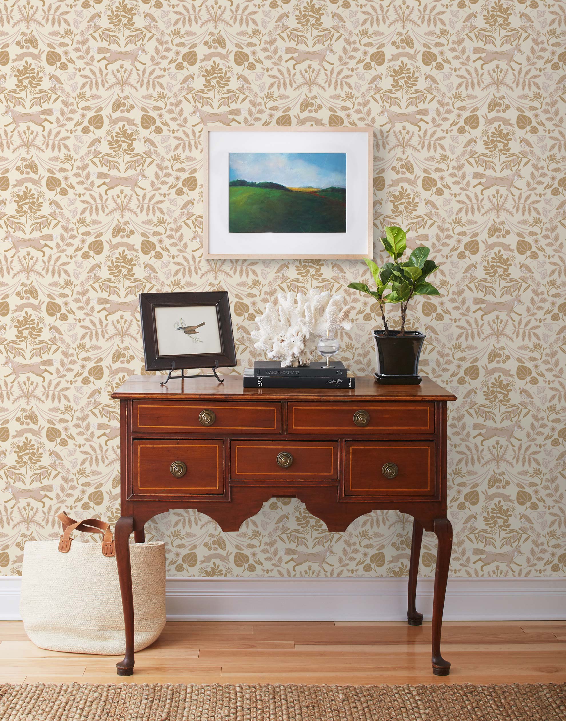 Piedmont (Blush) wallpaper with pink foxes, taupe flora, white accents on a light pink background