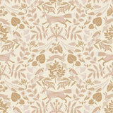 Piedmont (Blush) wallpaper with pink foxes, taupe flora, white accents on a light pink background