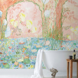 Watercolored swans, turtles, frogs, and fish swim in a flora filled pond beneath an arch of climbing plants and grasses. Lily Pond Mural contains a rainbow of soft watercolors - yellow, peach, apricot, green and blue. Hillery Sproat + Hygge & West