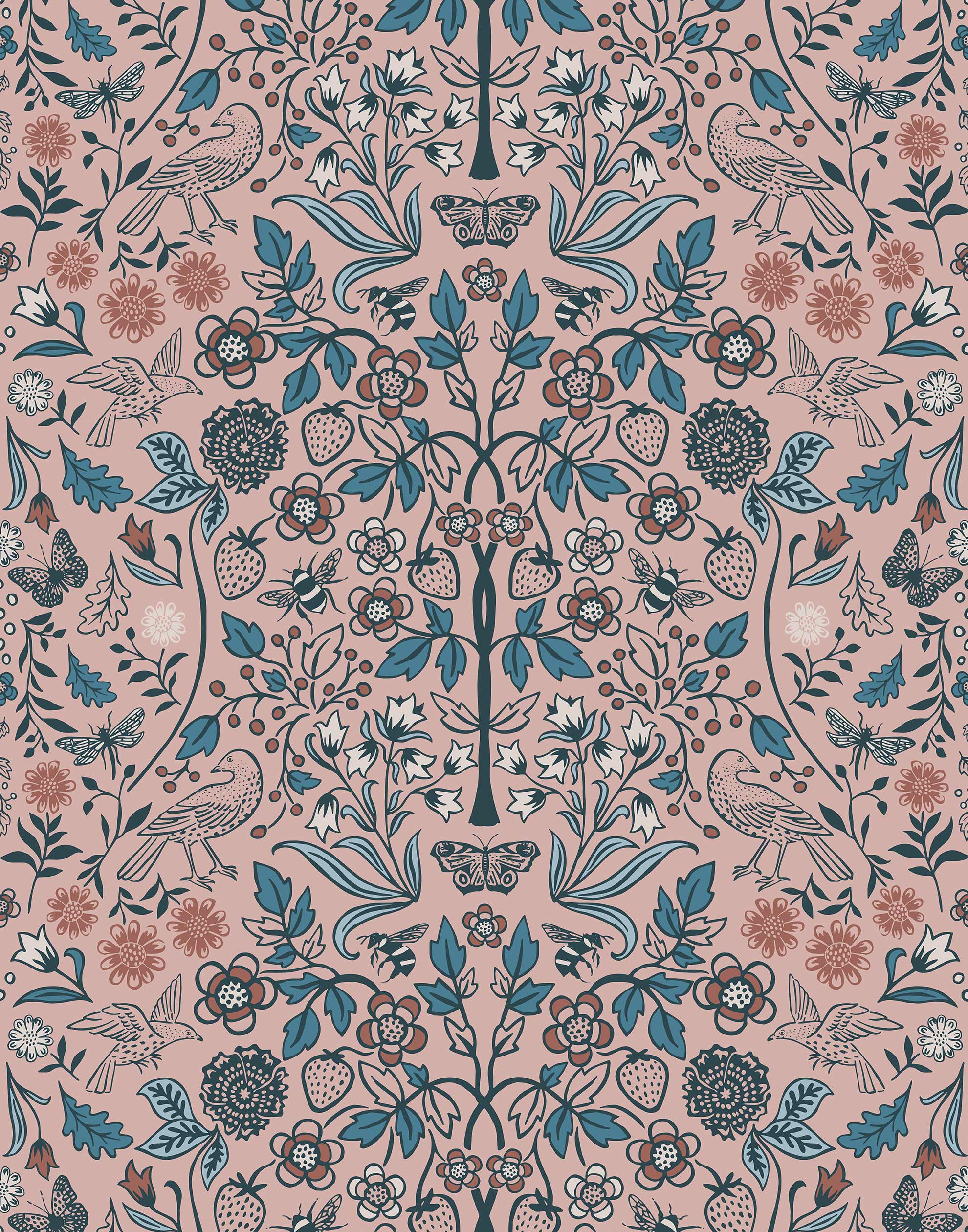 Nora (Rose) wallpaper features a garden of bees, birds, strawberries, and flowers in blue, pink, and white on a dusty pink background.