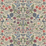 Nora (Taupe) wallpaper features a garden of bees, birds, strawberries, and flowers in shades of blue, pink, and white on a cream background.