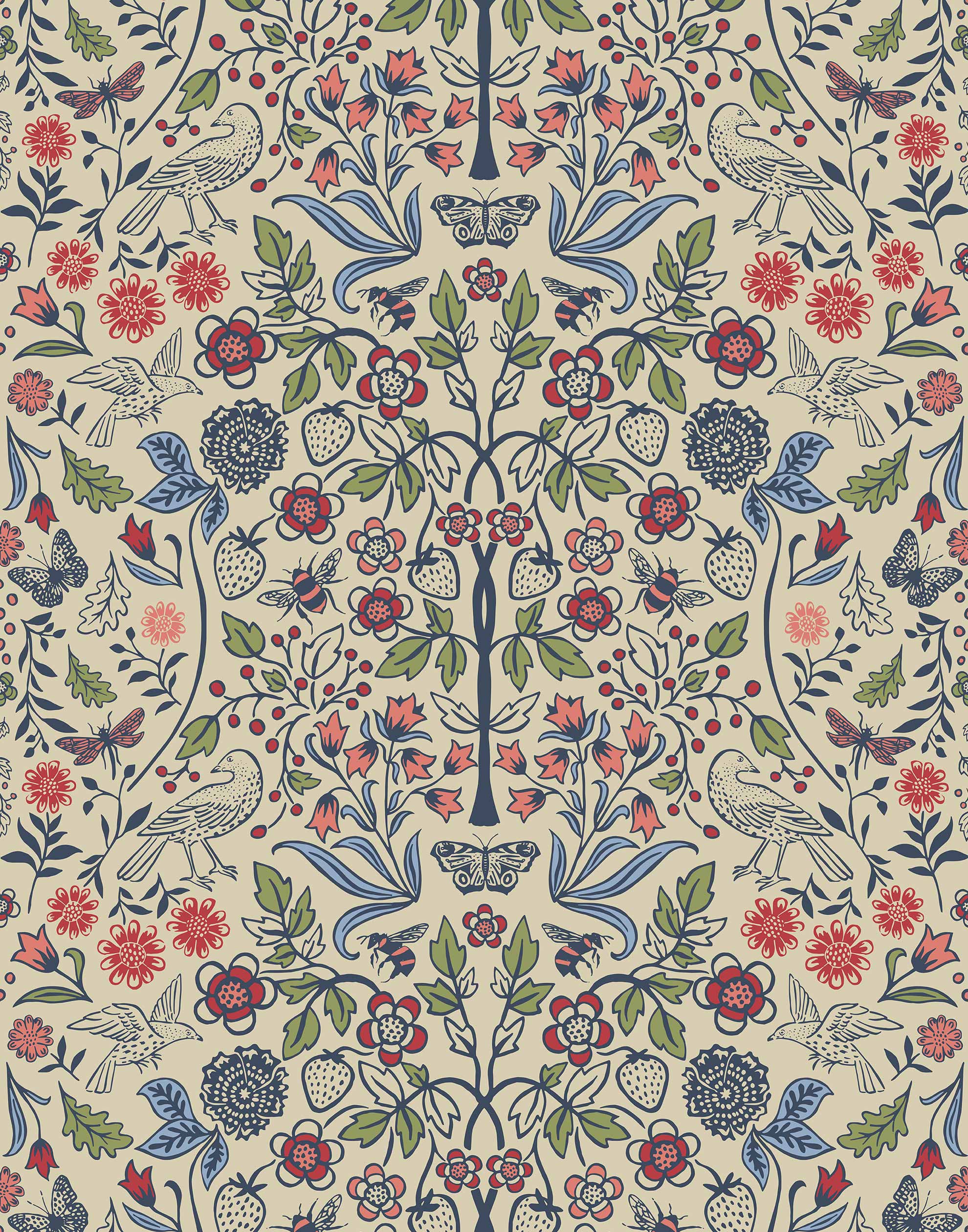 Nora (Taupe) wallpaper features a garden of bees, birds, strawberries, and flowers in shades of blue, pink, and white on a cream background.