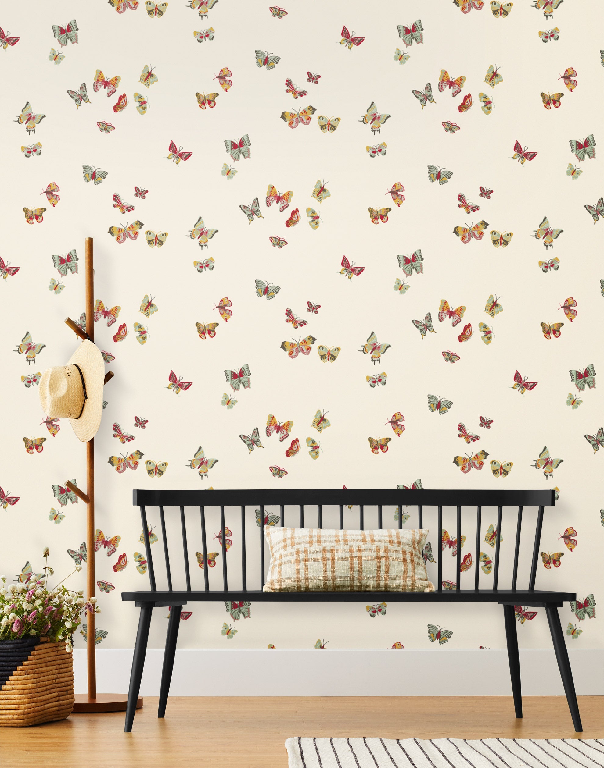 Butterflies (Parchment) featuring red, sage and mustard butterflies on a cream background | Nathalie Lete + Hygge & West