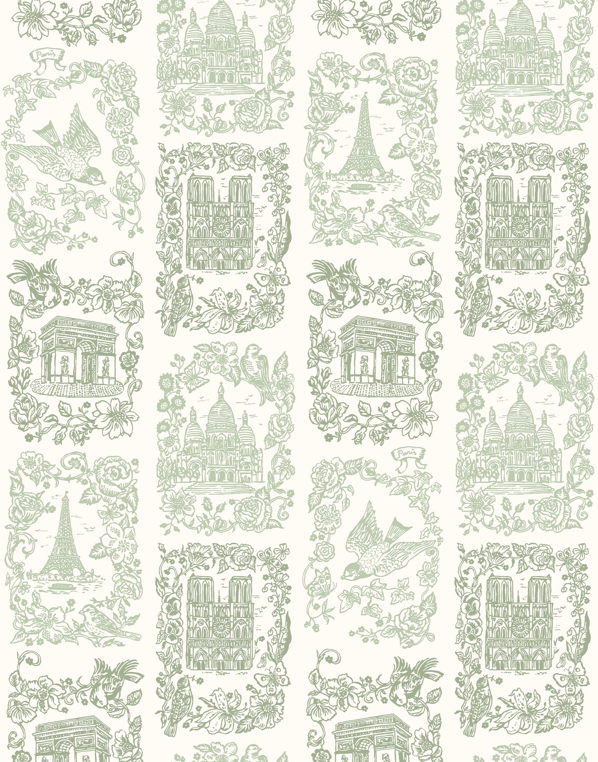 Je T'aime Paris (Sage) wallpaper featuring green illustrations of Paris landmarks on a white background | Nathalie Lete + Hygge & West