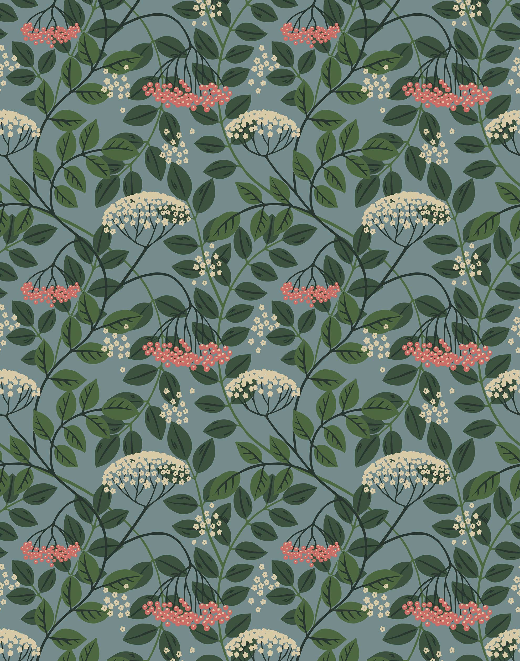 Featuring vibrant blossoms set against lush foliage, the elderberry plant is the inspiration for this wallpaper. Elder (Sky) is printed with pink and white flowers and green leaves on a blue background.