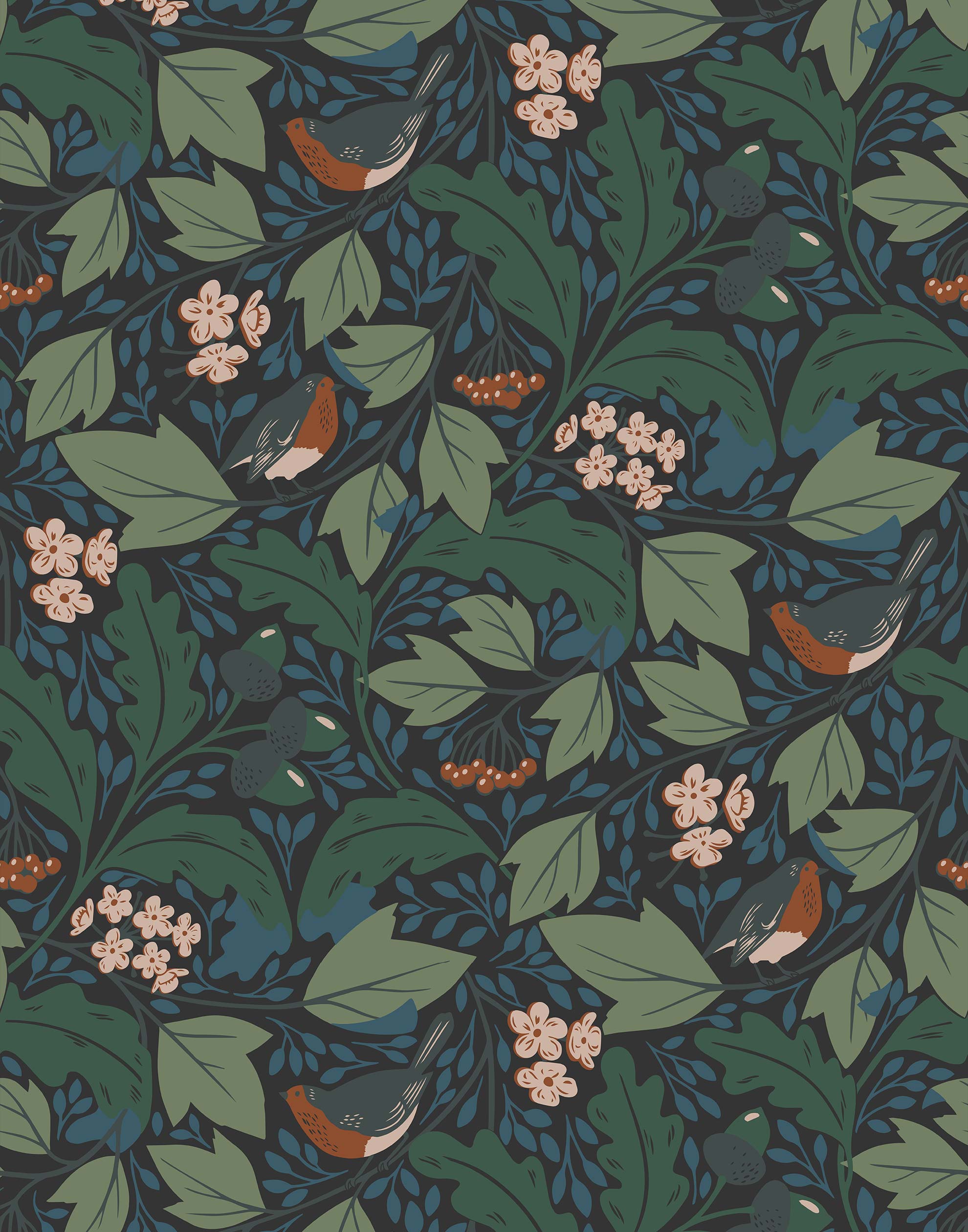 Robin (Ebony) features red-breasted robins hopping among leaves in shades of green and blue on a black backround.
