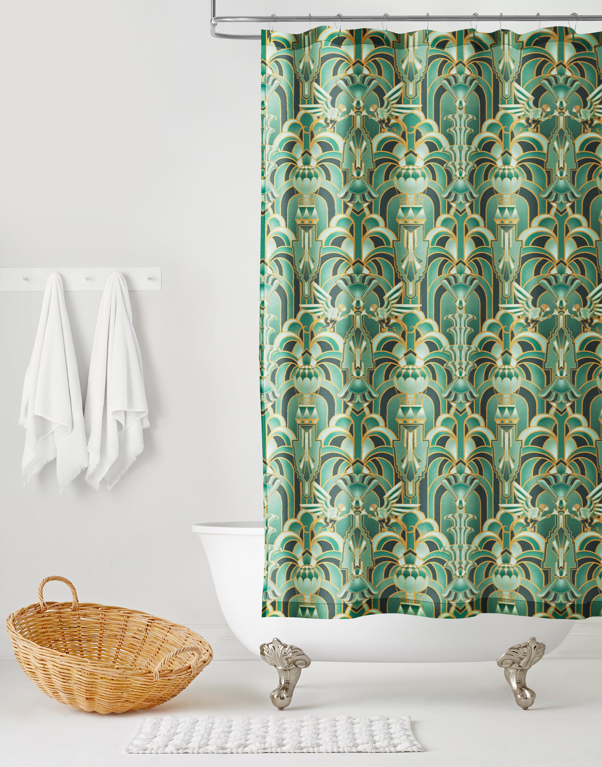 Drawing inspiration from the iconic Emerald City in Wicked, this shower curtain features a mesmerizing blend of deep greens and golds, evoking a sense of magical grandeur. The intricate geometric design mixed with hot air balloons and flying monkeys brings the enchantment of the city into your home. 