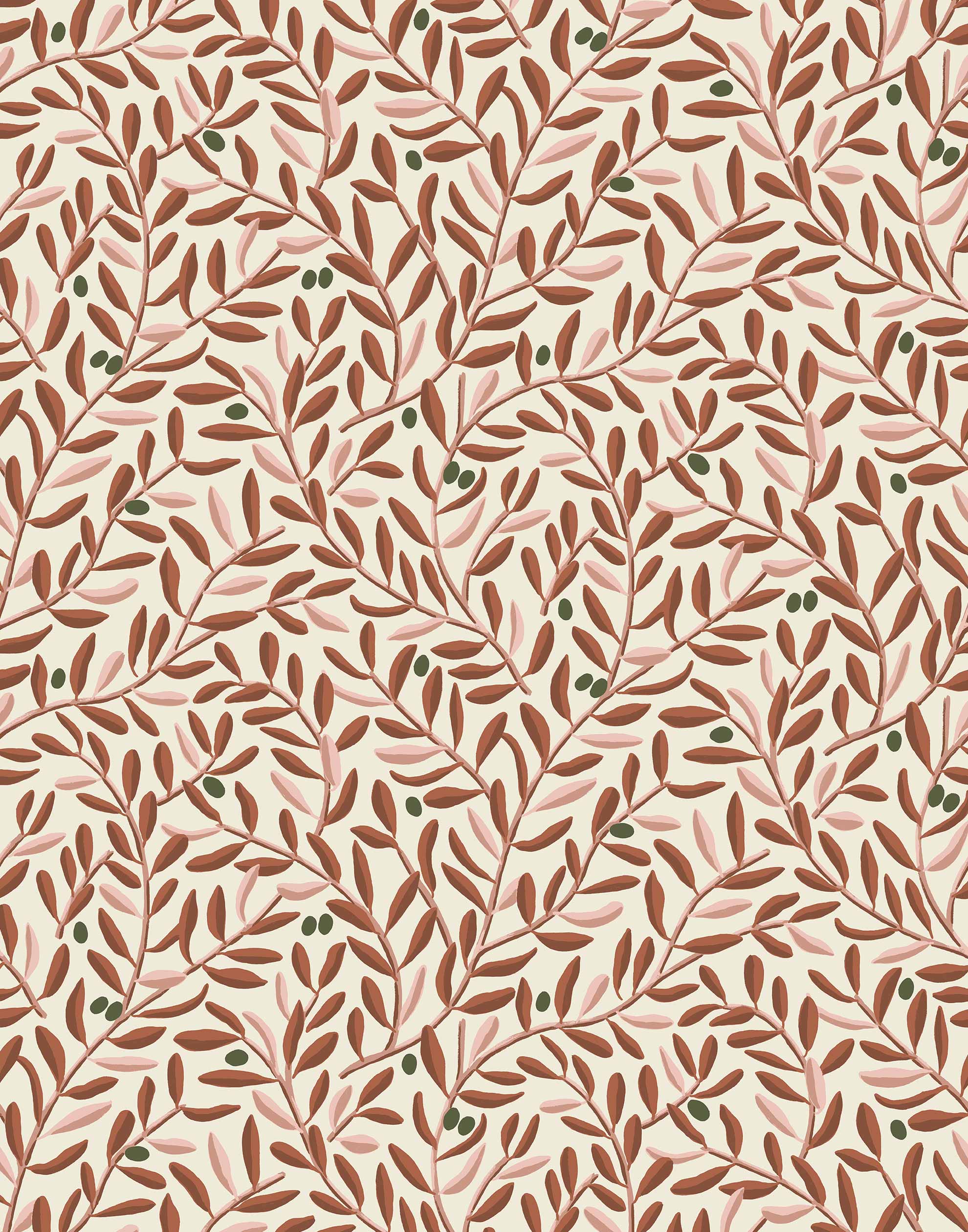 Olive Grove (Bellini) featuring a leafy vine motif in shades of rust and pink with green accents on an off white background | Schoolhouse x Hygge & West Wallpaper Collection
