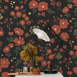 Cascade Meadow (Ebony) featuring hand drawn flowers in red and gold on a black background | Schoolhouse x Hygge & West