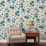 Cascade Meadow (Teal) featuring hand drawn flowers in blue and pink on an off white background | Schoolhouse x Hygge & West