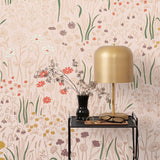 Alpine Garden Multi (Blush) featuring hand drawn flowers in coral, mauve, and mustard yellow with metallic gold accents on a pink background | Schoolhouse x Hygge & West Wallpaper Collection