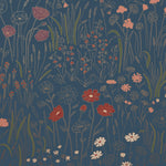 Alpine Garden Multi (Midnight) featuring hand drawn flowers in red, lilac, and pink with metallic copper accents on a deep blue background | Schoolhouse x Hygge & West Wallpaper Collection