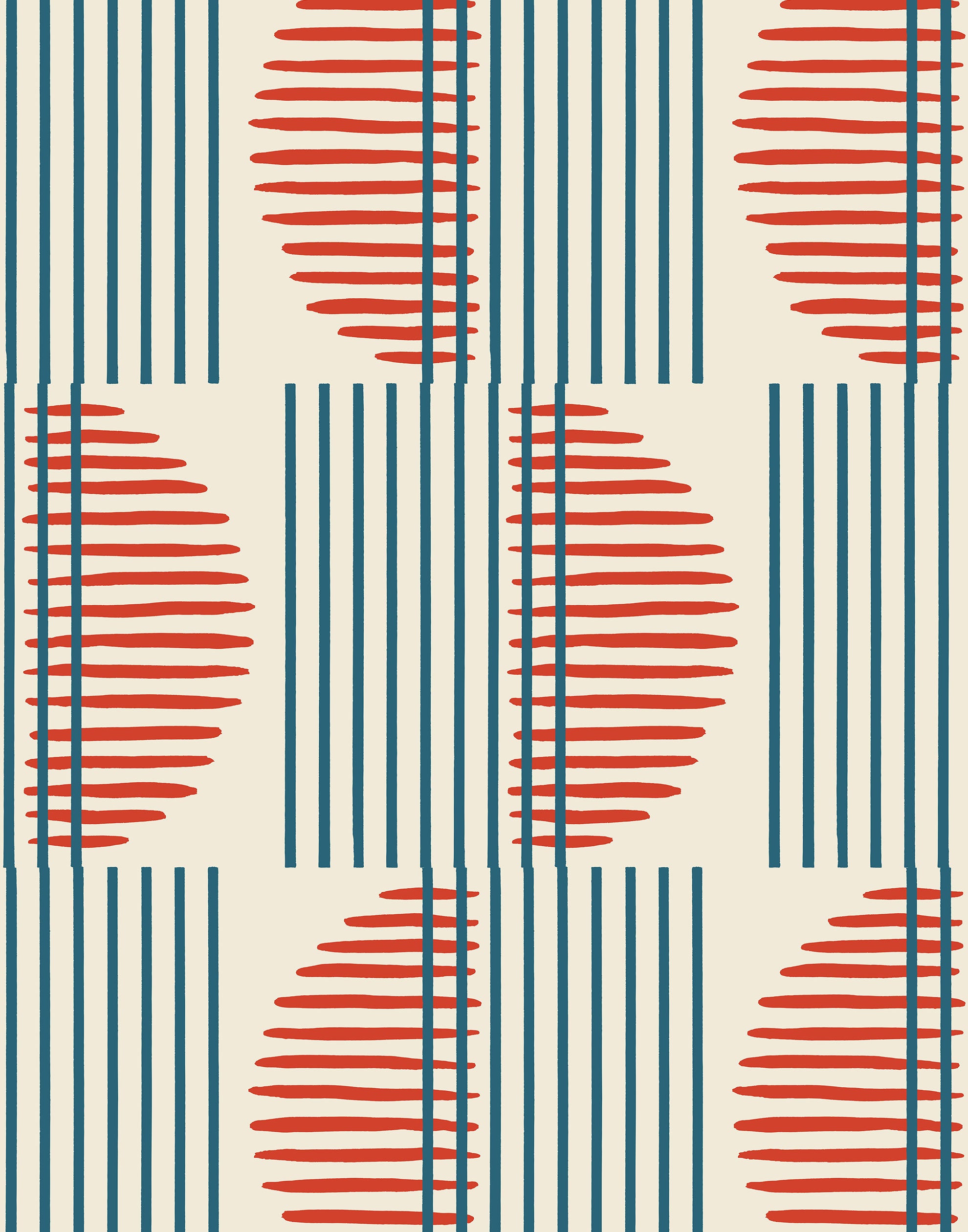 Wallpaper with irregular line work that weaves blue rectangles and red semicircles on an off white background | Schoolhouse + Hygge & West