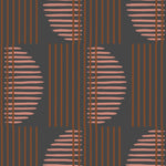 Wallpaper with irregular line work that weaves copper rectangles and pink semicircles on a deep gray background | Schoolhouse + Hygge & West