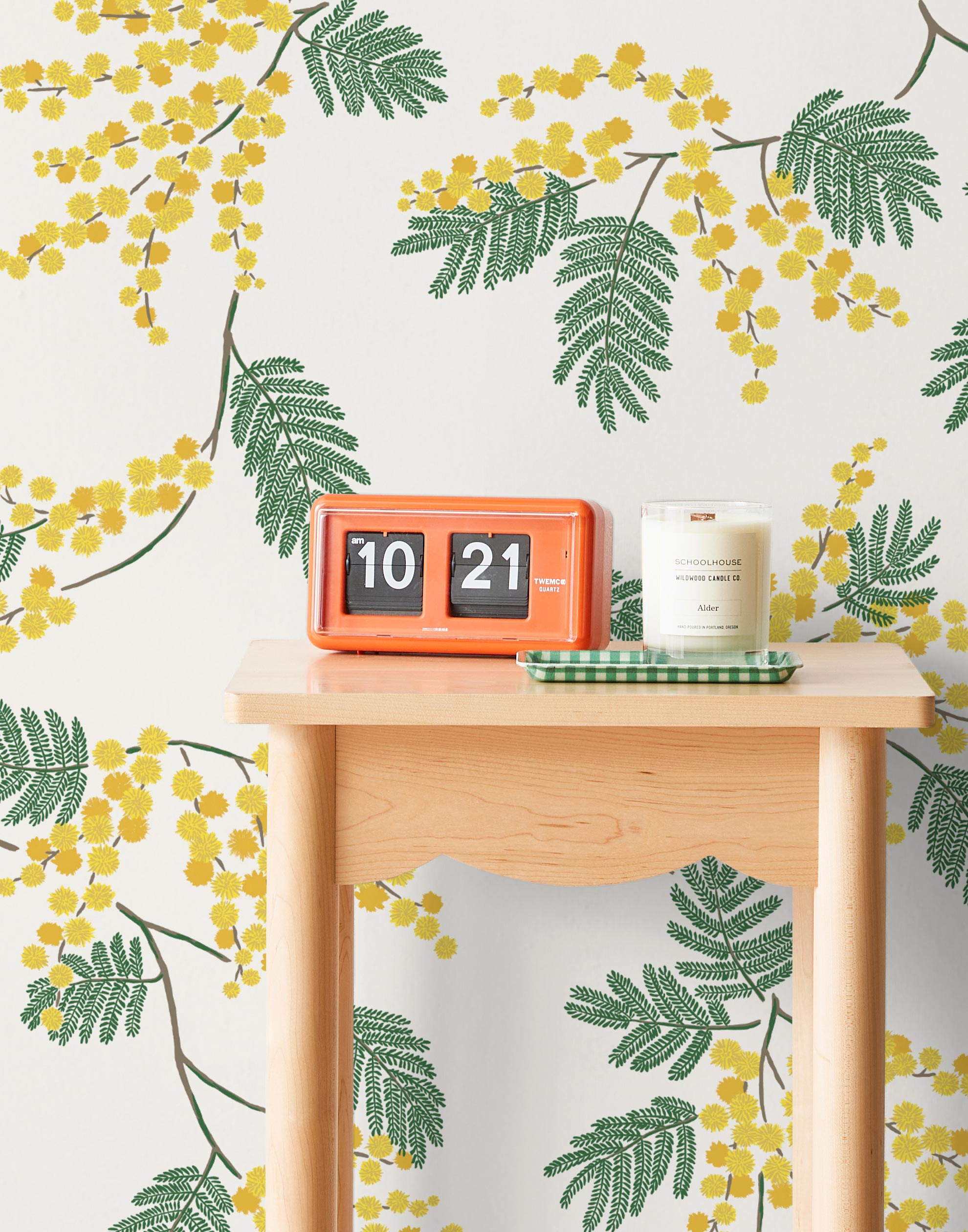 Wallpaper with yellow acacia flowers and green leaves on an off white background | Schoolhouse + Hygge & West