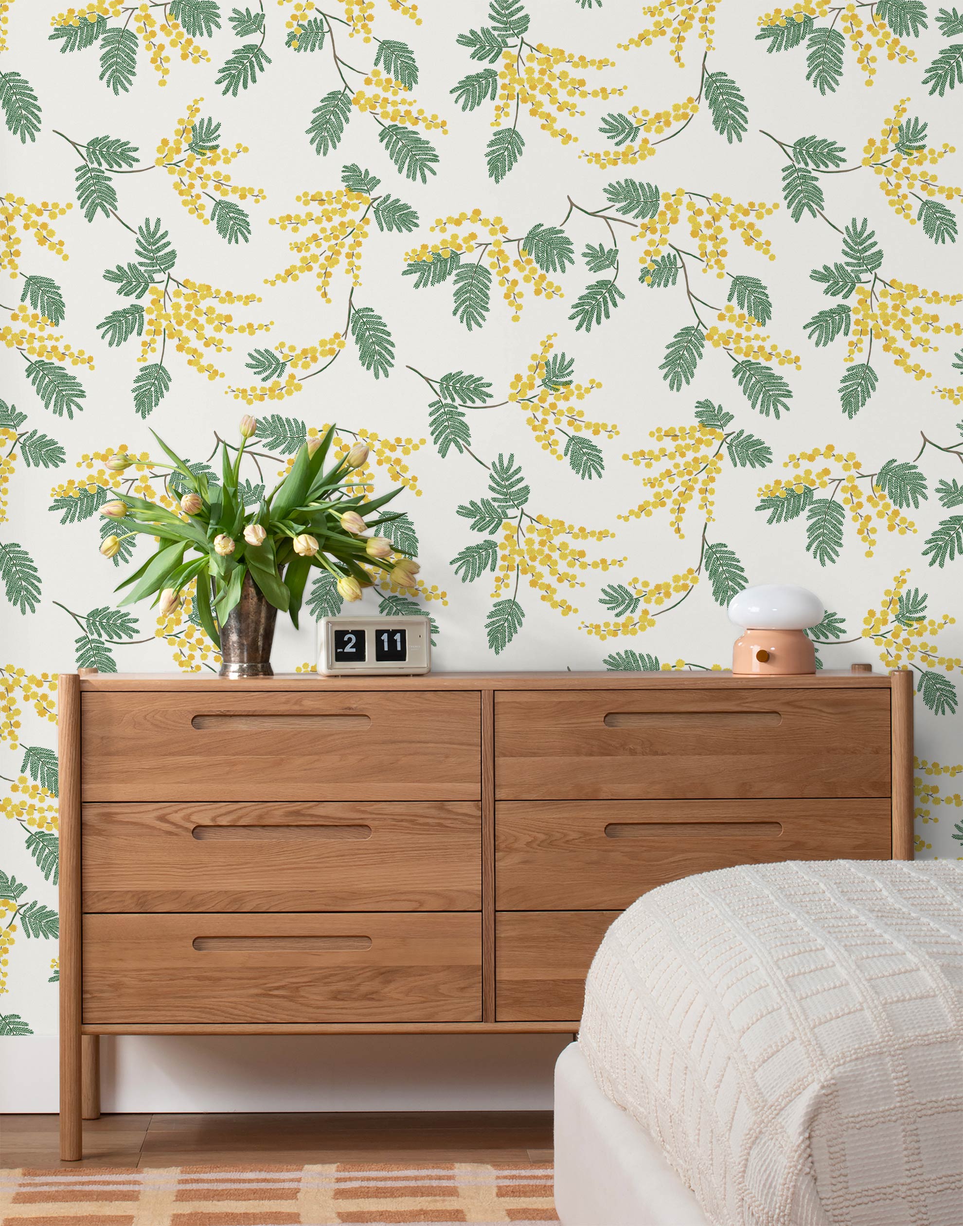 Wallpaper with yellow acacia flowers and green leaves on an off white background | Schoolhouse + Hygge & West