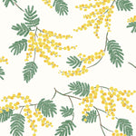 Wallpaper with yellow acacia flowers and green leaves on an off white background | Schoolhouse + Hygge & West