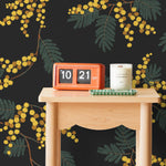 Wallpaper with yellow acacia flowers and green leaves on a soft black background | Schoolhouse + Hygge & West