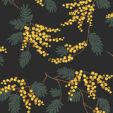 Wallpaper with yellow acacia flowers and green leaves on a soft black background | Schoolhouse + Hygge & West