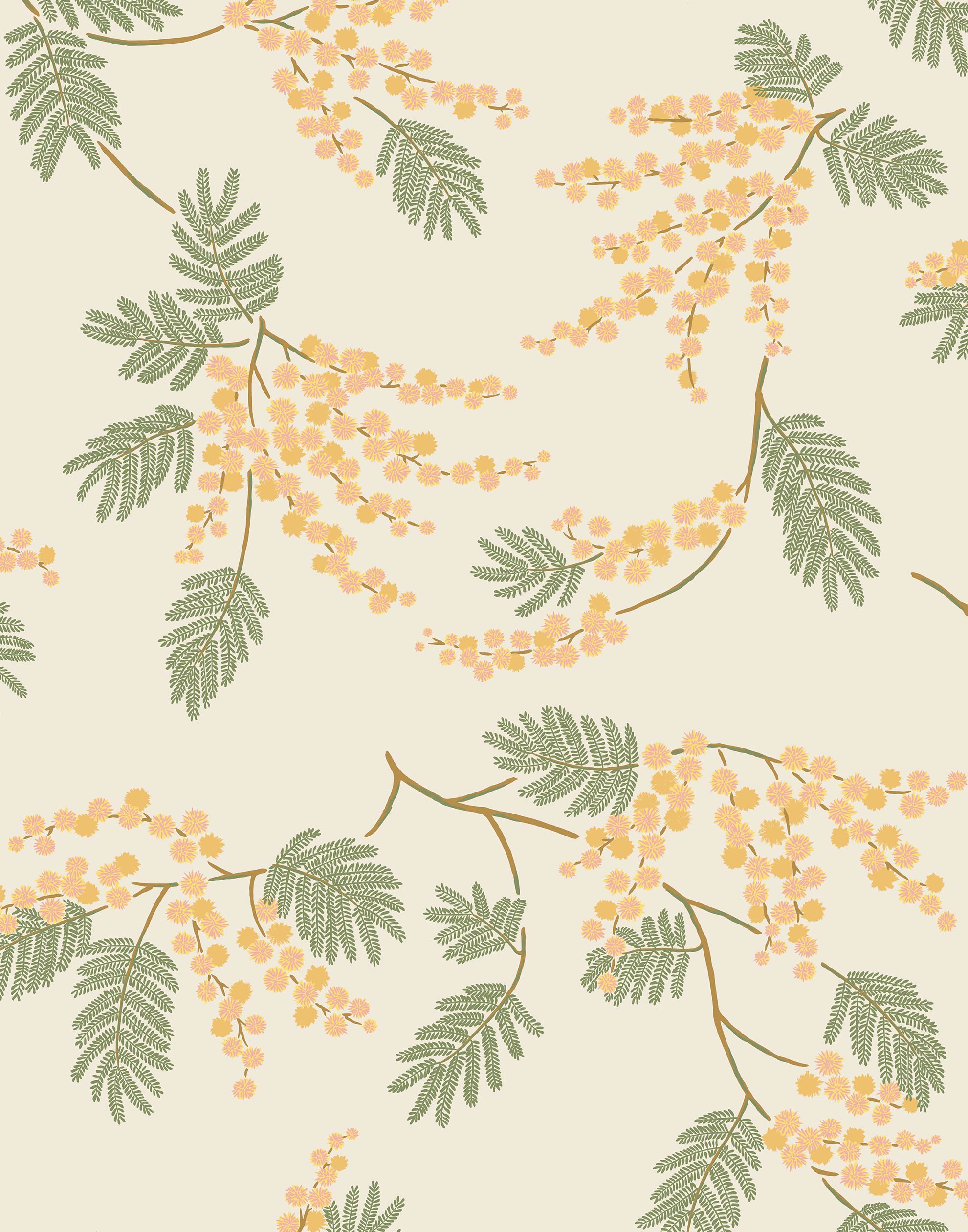 Wallpaper with coral and pink acacia flowers and green leaves on a cream background | Schoolhouse + Hygge & West