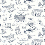Hill Valley Toile (Denim) Wallpaper with navy blue illustrations on a white background depicts scenes from the iconic movie Back to the Future and was created in collaboration with Universal | Hygge & West