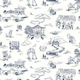 Hill Valley Toile (Denim) Wallpaper with navy blue illustrations on a white background depicts scenes from the iconic movie Back to the Future and was created in collaboration with Universal | Hygge & West