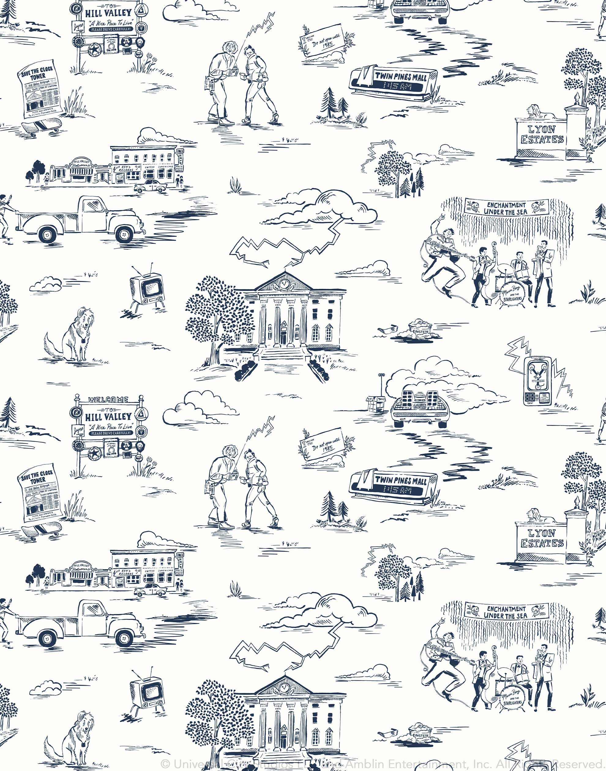 Hill Valley Toile (Denim) Wallpaper with navy blue illustrations on a white background depicts scenes from the iconic movie Back to the Future and was created in collaboration with Universal | Hygge & West