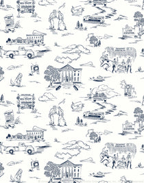Hill Valley Toile (Denim) Wallpaper with navy blue illustrations on a white background depicts scenes from the iconic movie Back to the Future and was created in collaboration with Universal | Hygge & West