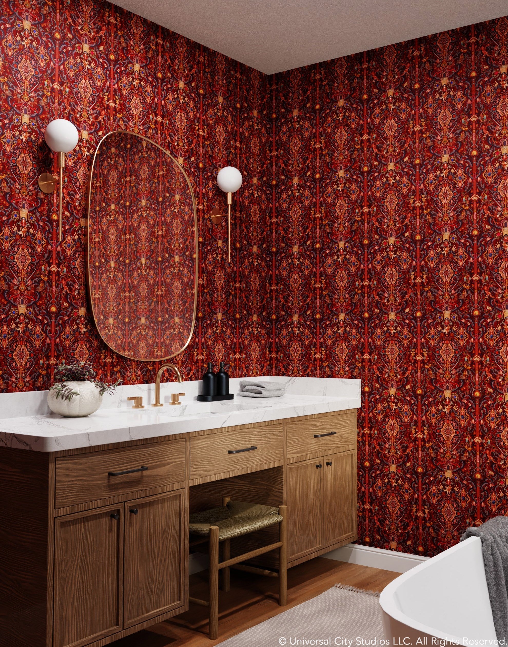 Inspired by The Big Lebowski’s singular characters, "striking" imagery, and oft-quoted dialogue, Abide Wallpaper is a visual feast of iconic movie moments. Red background designed to interpret a rug with hidden characters and scenes form the movie in blue, gray, pink, and orange. Universal + Hygge & West