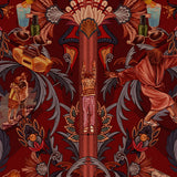 Inspired by The Big Lebowski’s singular characters, "striking" imagery, and oft-quoted dialogue, Abide Wallpaper is a visual feast of iconic movie moments. Red background designed to interpret a rug with hidden characters and scenes form the movie in blue, gray, pink, and orange. Universal + Hygge & West