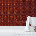 Inspired by The Big Lebowski’s singular characters, "striking" imagery, and oft-quoted dialogue, Abide Wallpaper is a visual feast of iconic movie moments. Red background designed to interpret a rug with hidden characters and scenes form the movie in blue, gray, pink, and orange. Universal + Hygge & West