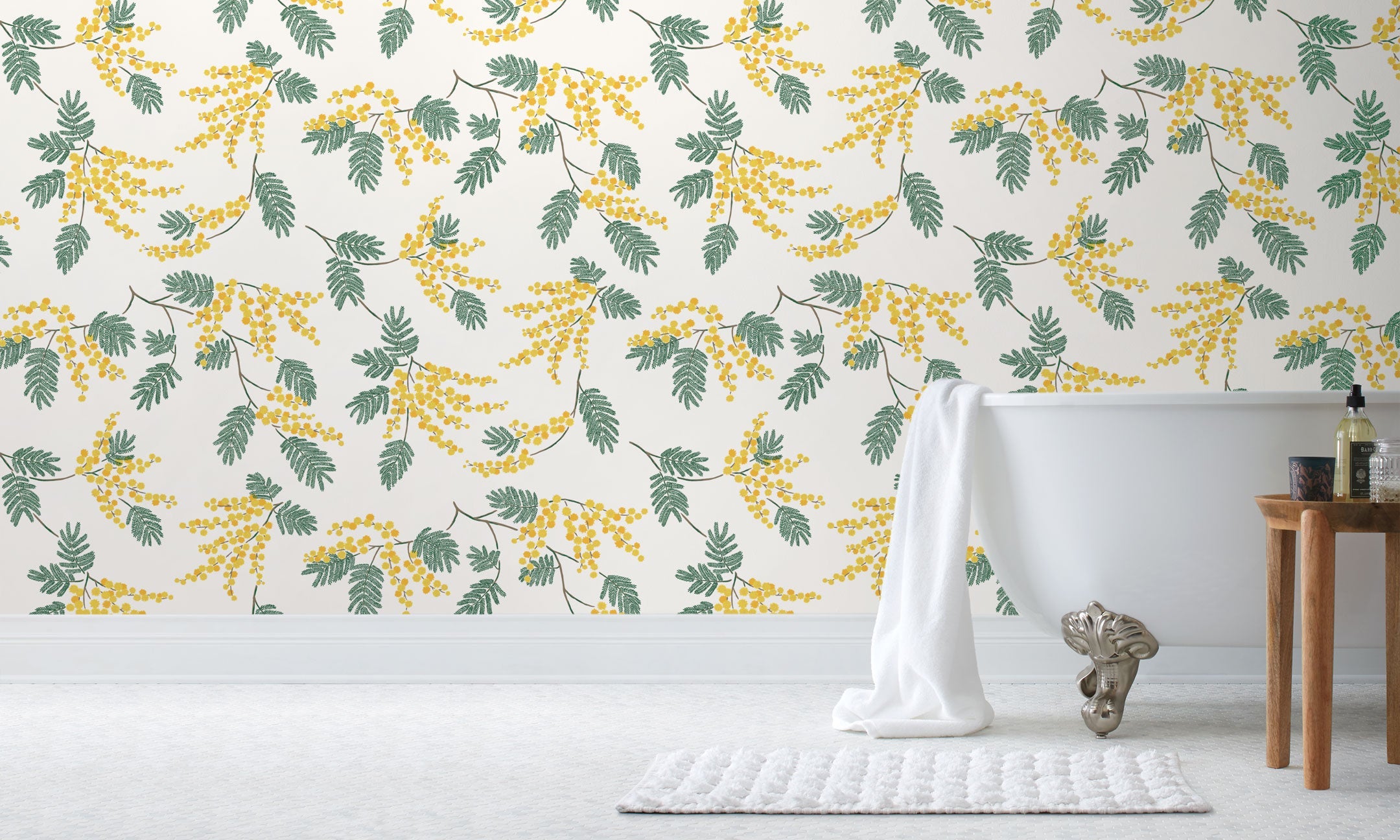 Wallpaper with yellow acacia flowers and green leaves on a white background | Before and after