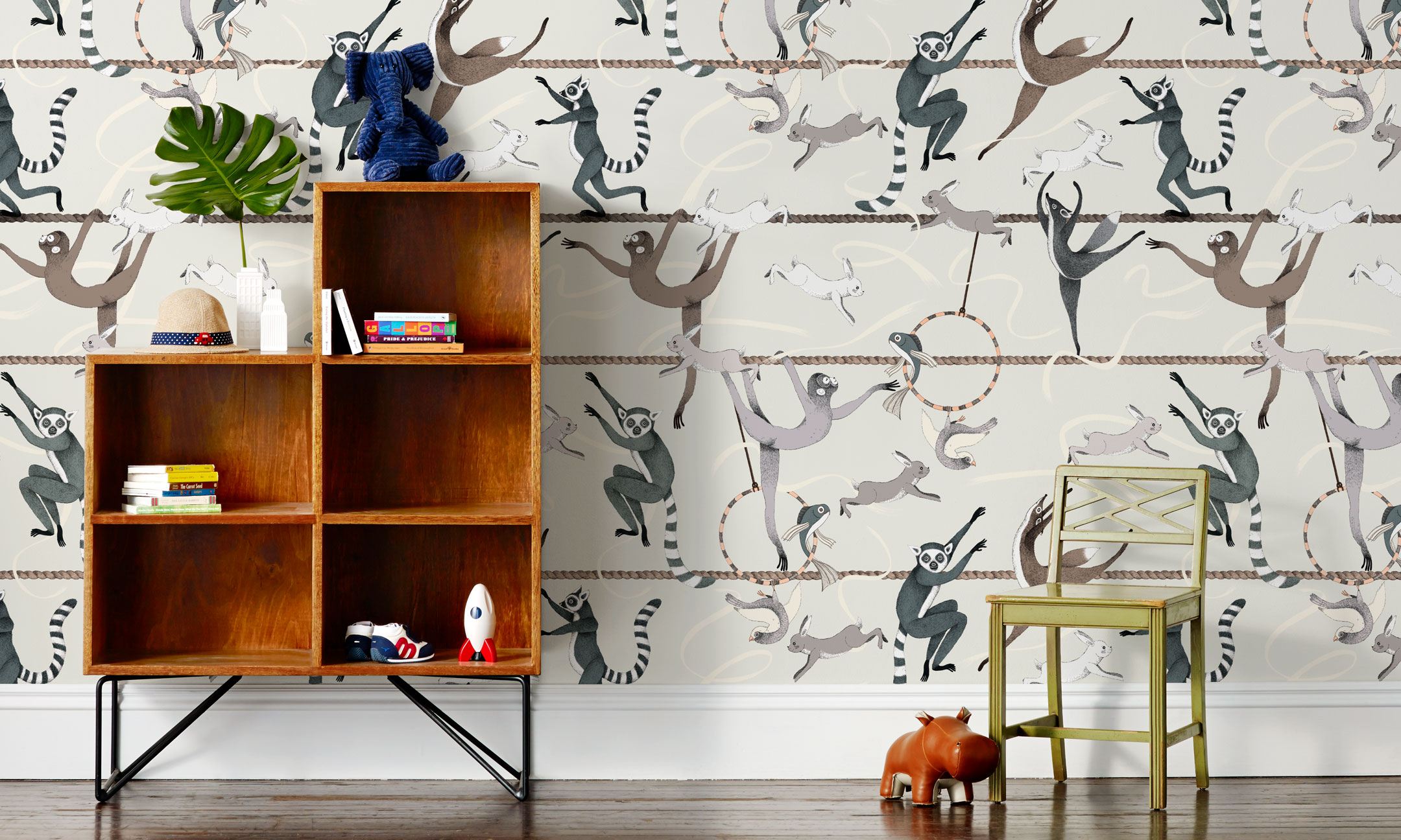 Balancing Act (Light Gray) wallpaper features colorful dancing monkeys and rabbits on a light gray background