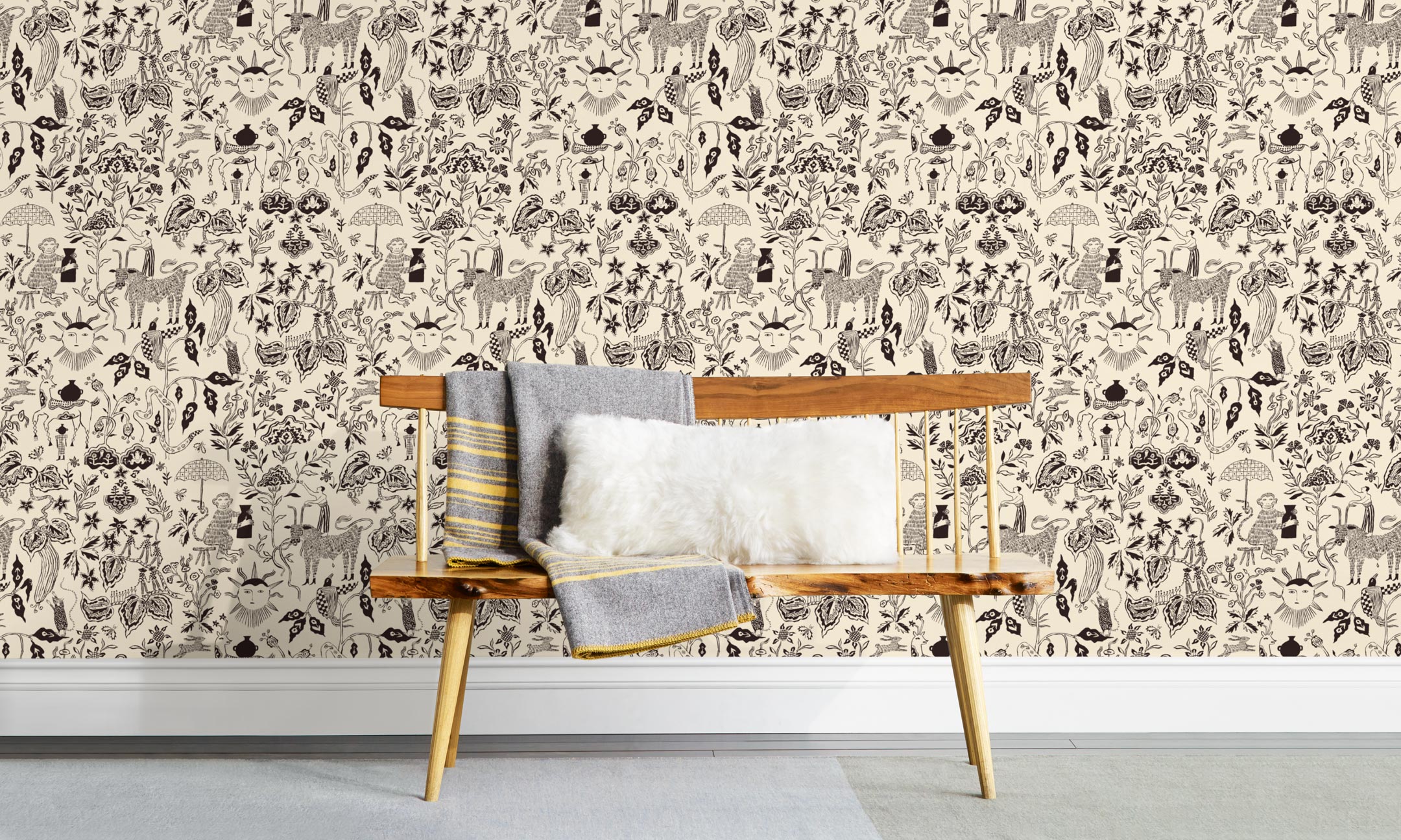 Clouds to Cry (Ebony) features hand-drawn animals in a garden scene. Before and after.