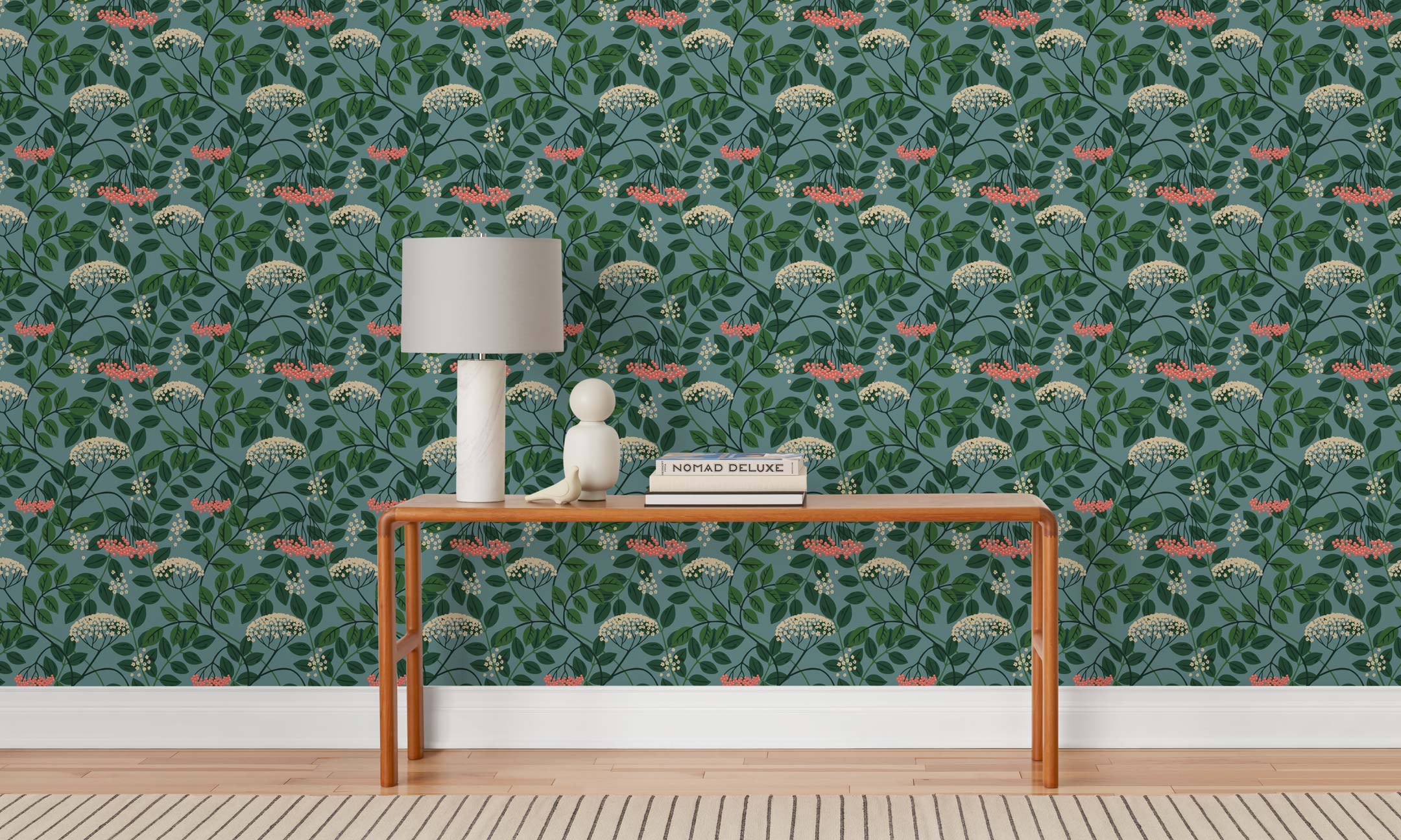 Featuring vibrant blossoms set against lush foliage, the elderberry plant is the inspiration for Elder wallpaper. Before and after.