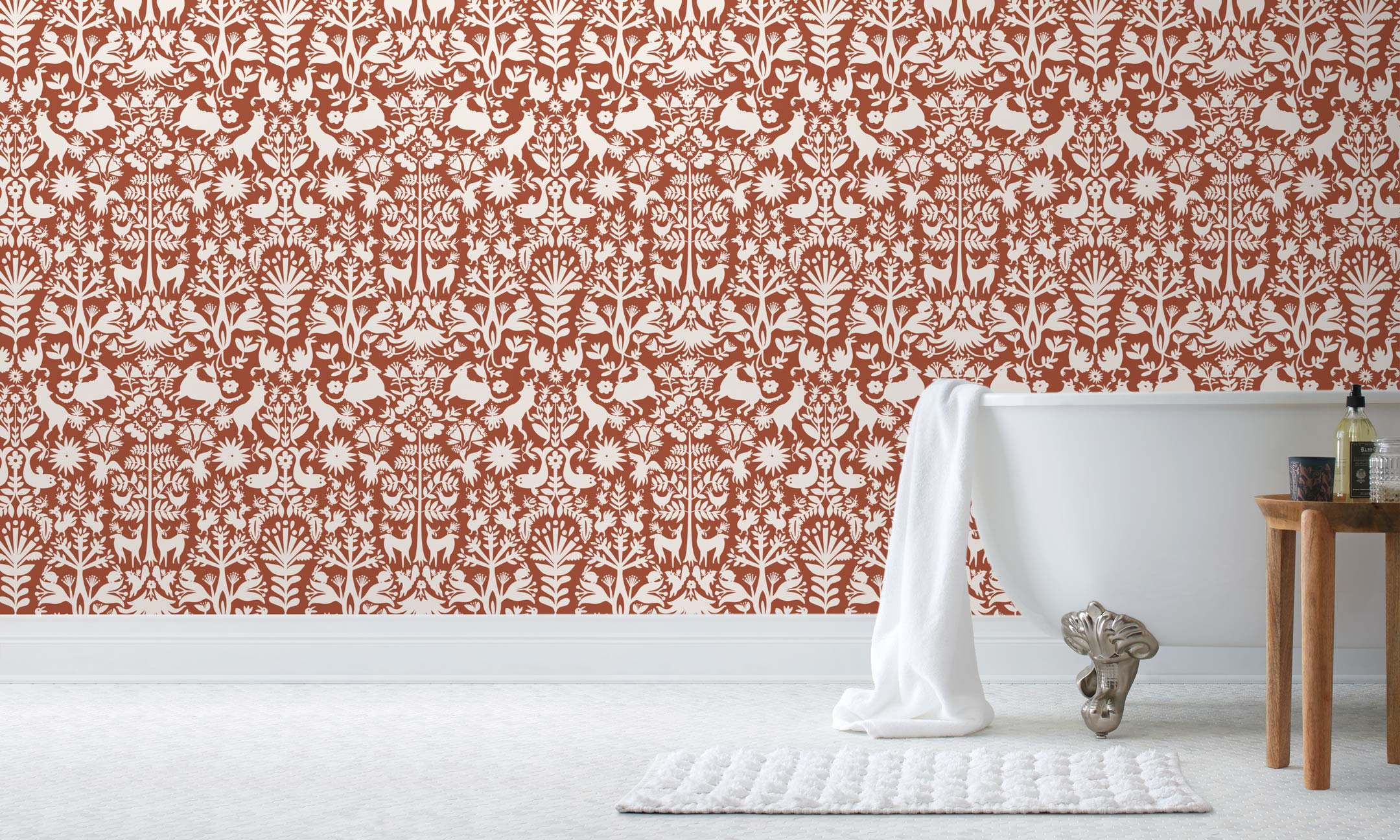 Folklore  features animals and flowers in a mirroring pattern designed by Emily Isabella for Hygge & West. Before and after.