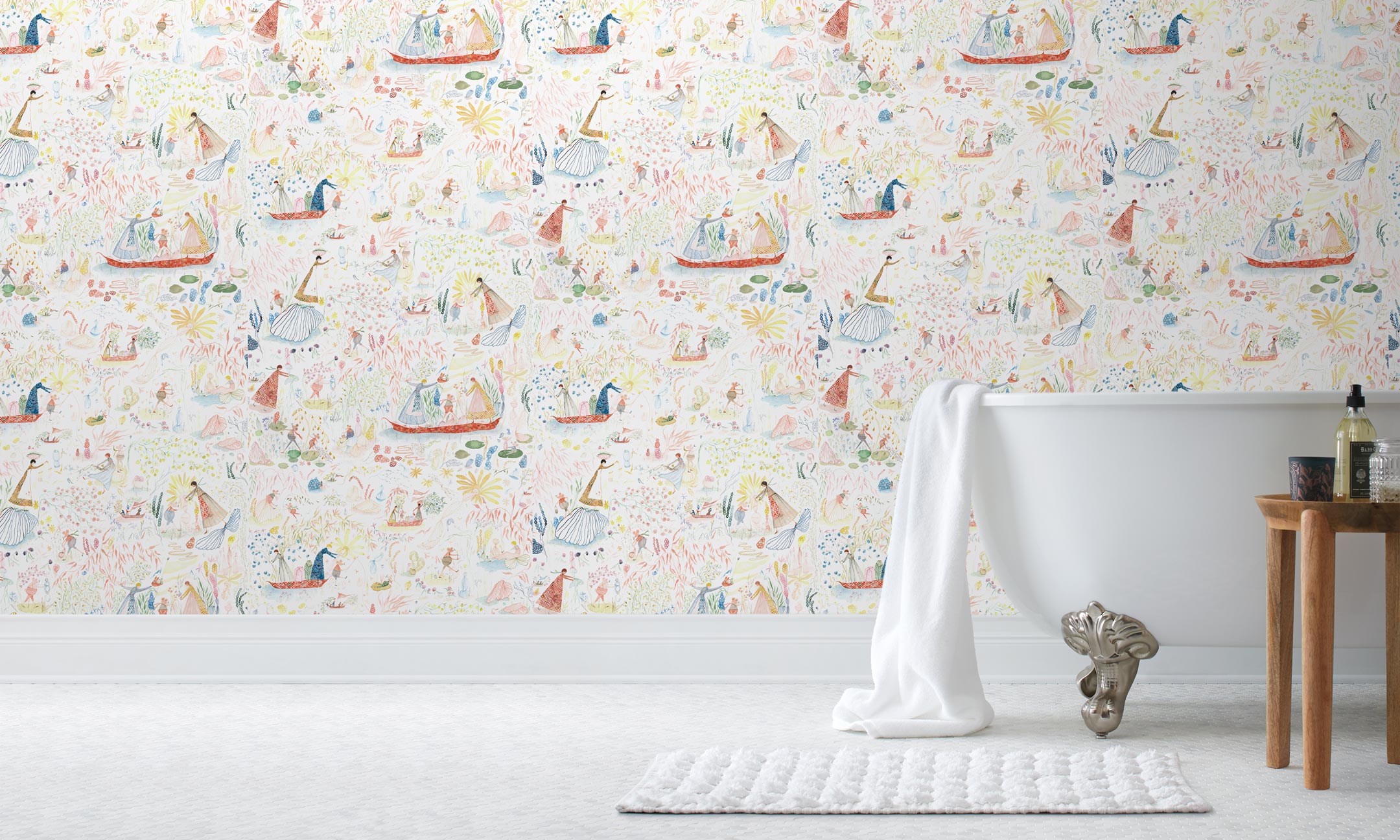 Detailed delights await discovery in Garden in the Sea Wallpaper - dancing mice, floating boats, sneaky snakes, swaying branches, and more. Hand-painted in red, green, blue, and yellow on a white background. Before and after.