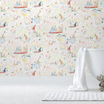 Detailed delights await discovery in Garden in the Sea Wallpaper - dancing mice, floating boats, sneaky snakes, swaying branches, and more. Hand-painted in red, green, blue, and yellow on a white background. Before and after.