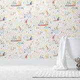 Detailed delights await discovery in Garden in the Sea Wallpaper - dancing mice, floating boats, sneaky snakes, swaying branches, and more. Hand-painted in red, green, blue, and yellow on a white background. Before and after.