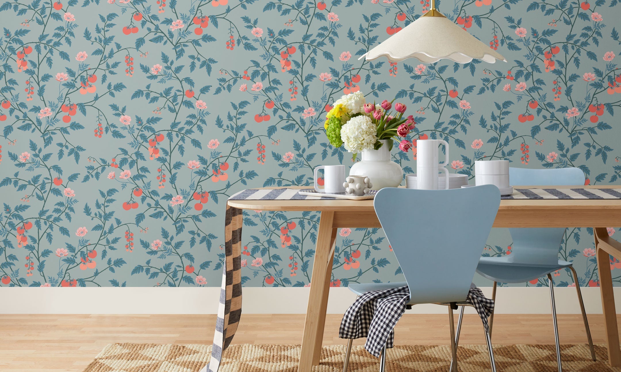 Our Heirloom wallpaper celebrates the annual arrival of tomato season. Highly durable, fade resistant, and made in the USA. Before and after.
