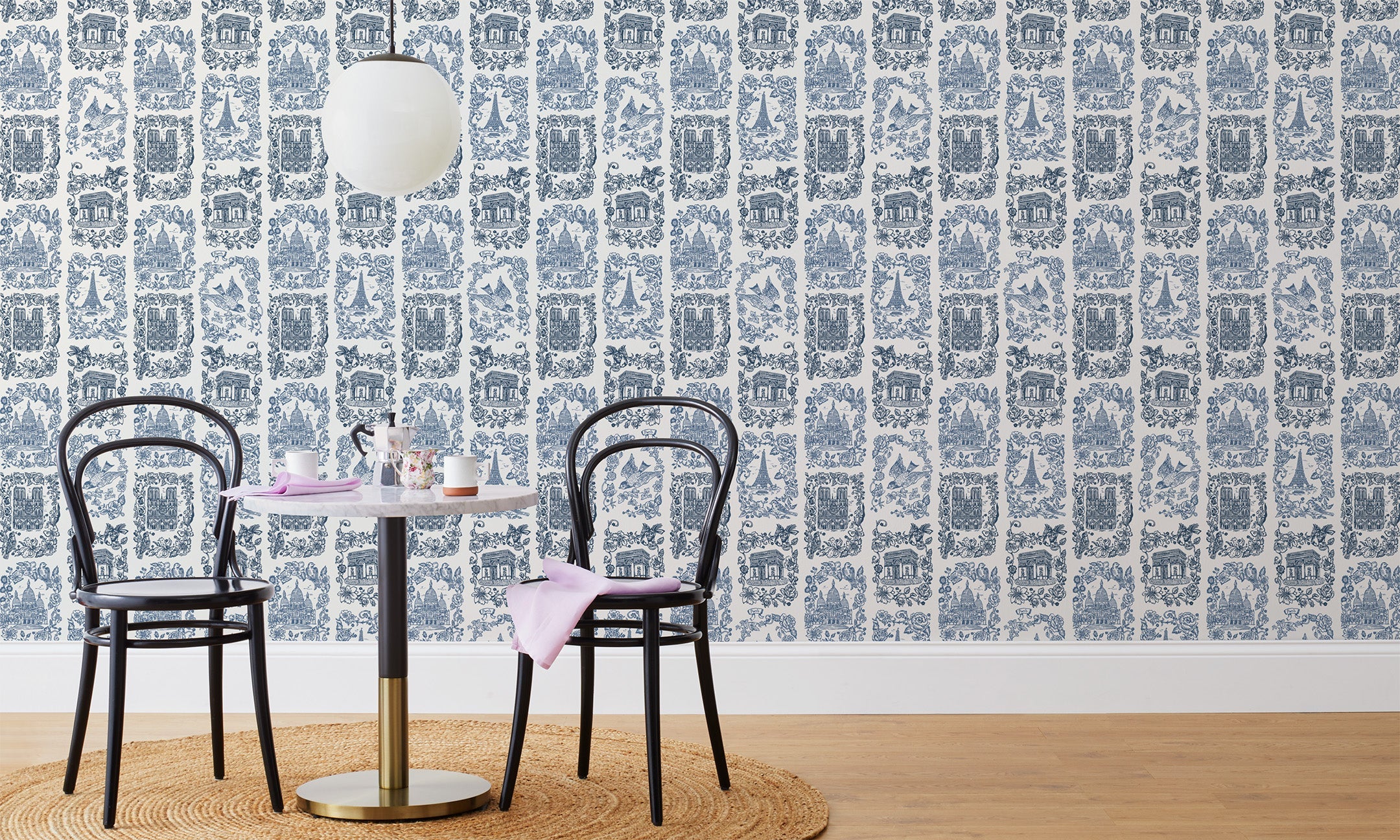 Je T'aime Paris (Parchment) wallpaper featuring illustrations of Paris landmarks | Before and After | Nathalie Lete + Hygge & West