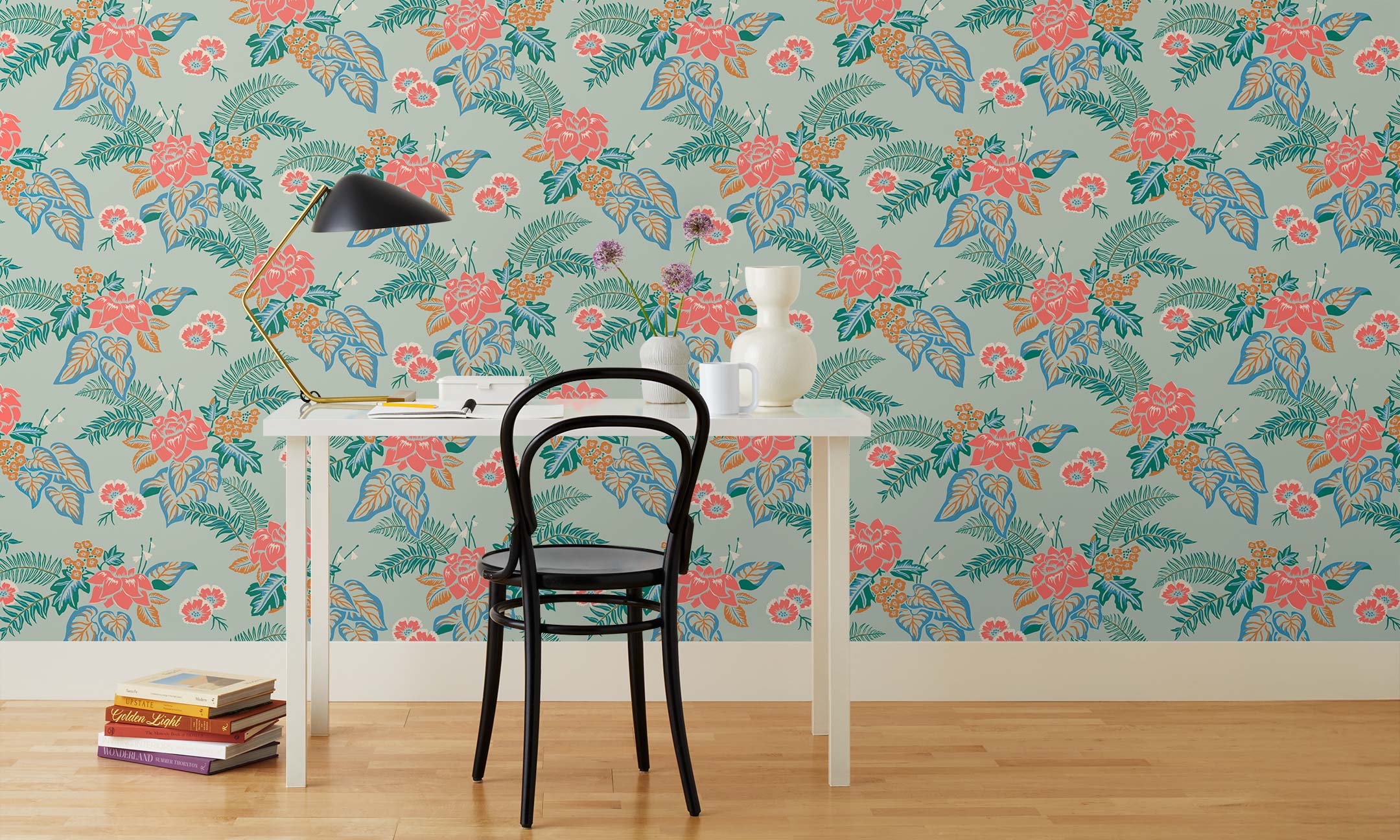 Our Lanai wallpaper is inspired by the rich tradition and exuberant patterns of Hawaiian shirts, with a twist. Highly durable, fade resistant, and made in the USA. Before and after.