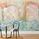Watercolored swans, turtles, frogs, and fish swim in a flora filled pond beneath an arch of climbing plants and grasses. Lily Pond Mural contains a rainbow of soft watercolors - yellow, peach, apricot, green and blue. Before and after.