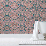 Nora wallpaper features a garden of bees, birds, strawberries, and flowers. Before and after.